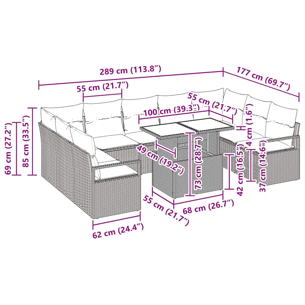 Garten-Sofa-Set mit Kissen 10 pcs Braun und Creme