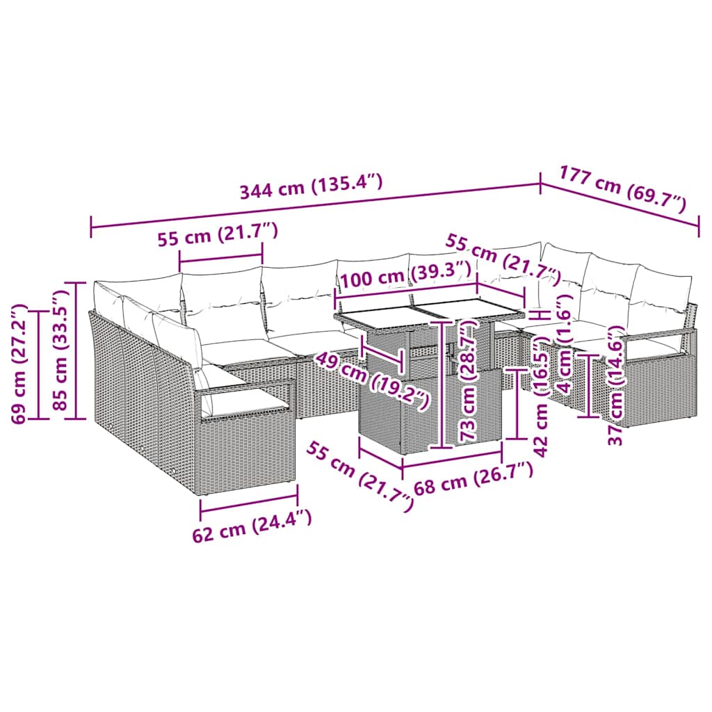 Garten-Sofa-Set 11 pcs Braun und Creme 100 x 55 x 73 cm