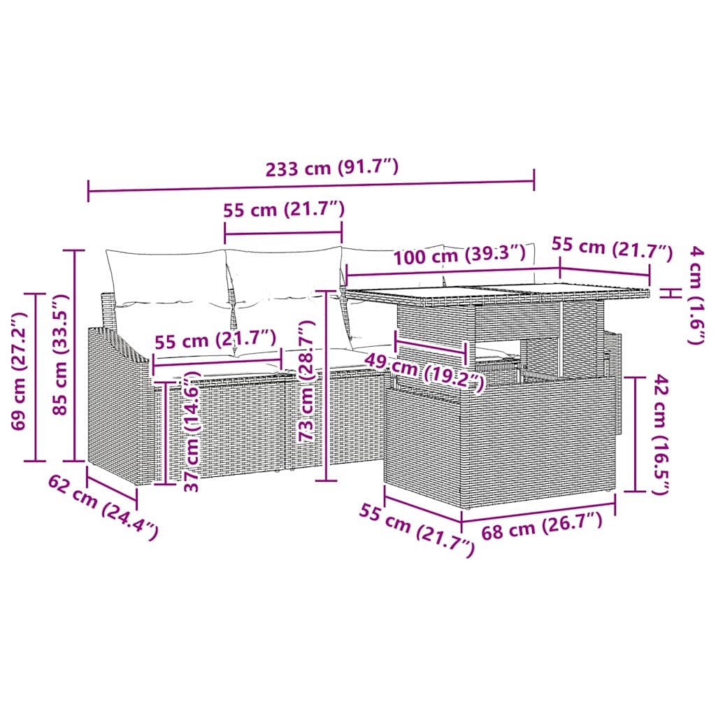 Garten-Sofa-Set 5 pcs Schwarz und Creme 100 x 55 x 73 cm