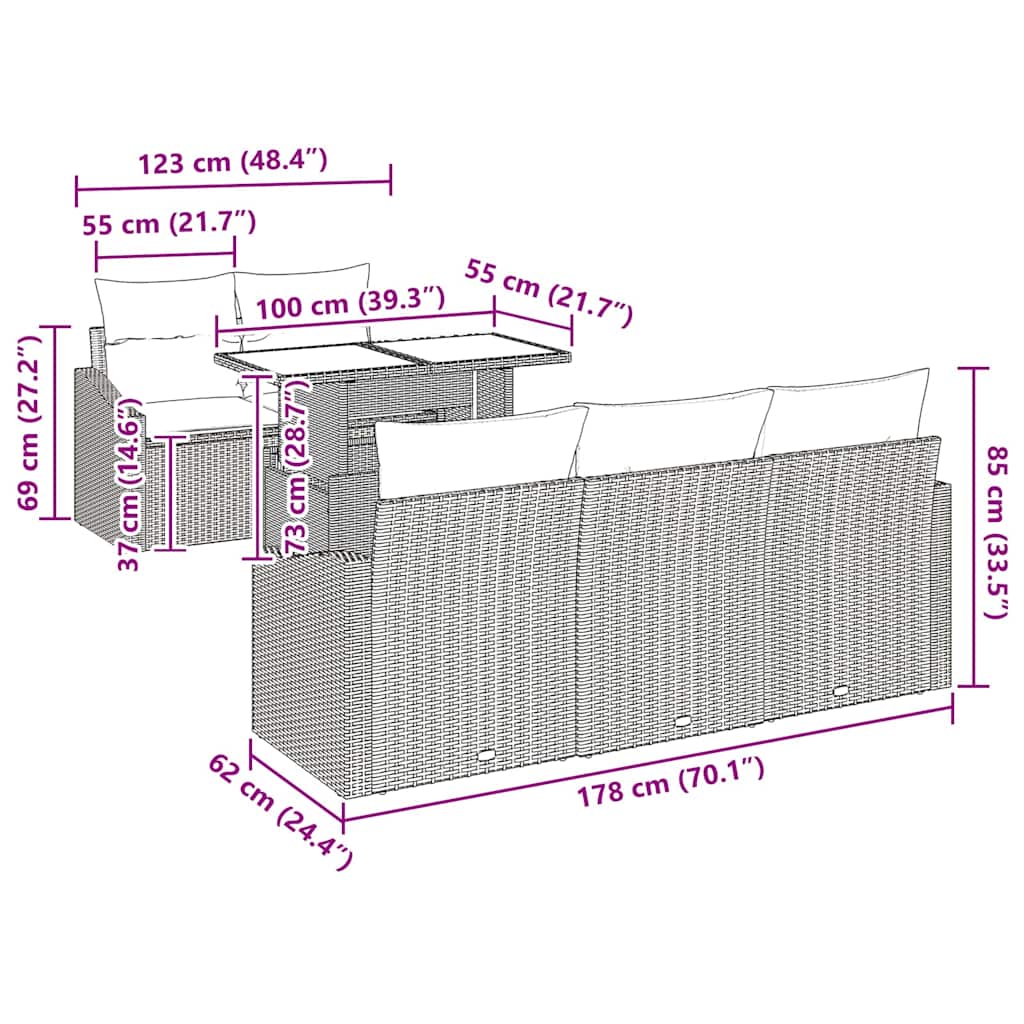 Garten-Sofa-Set mit Kissen 6 pcs Grau