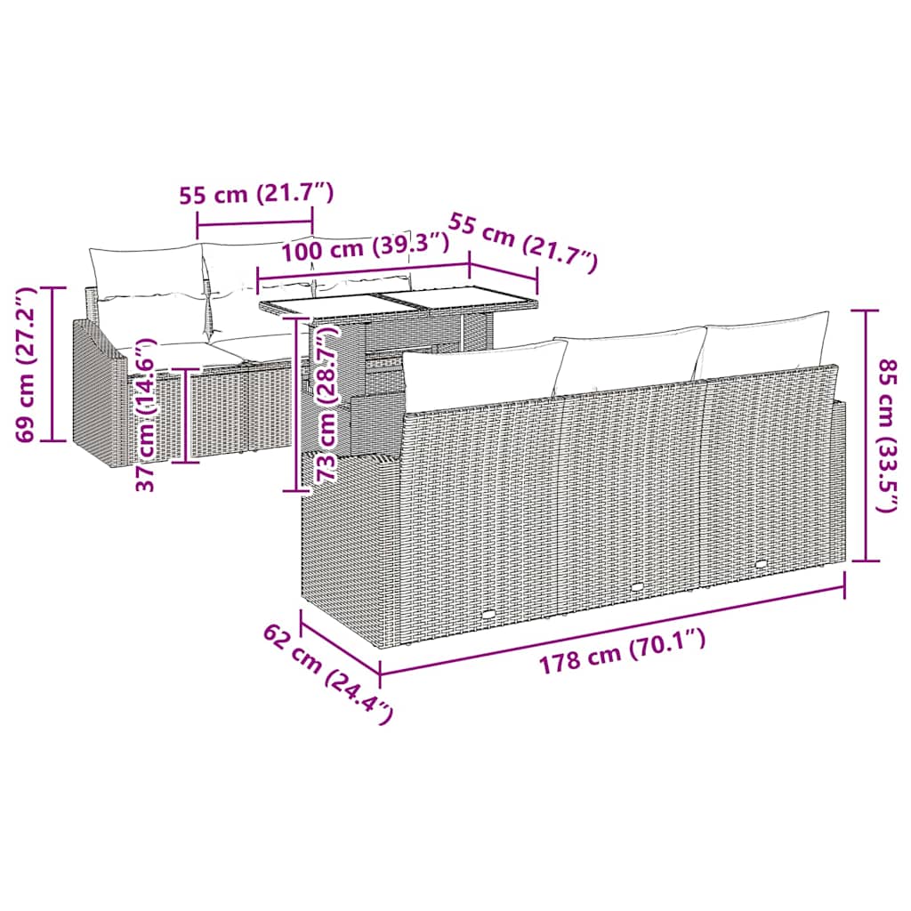 Garten-Sofa-Set mit Kissen 7 pcs Grau 100 x 55 x 73 cm