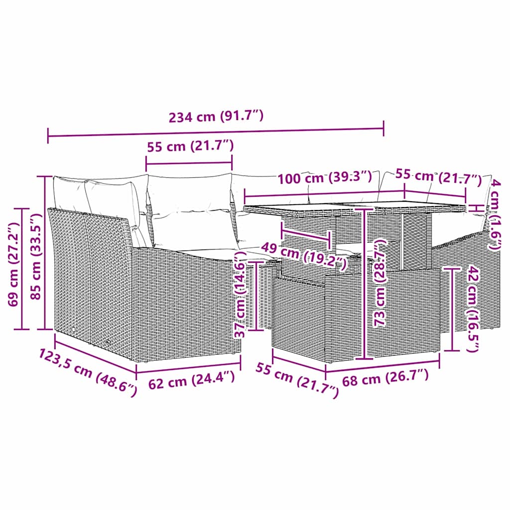 Garten-Sofa-Set 7 pcs Schwarz und Creme 100 x 55 x 73 cm