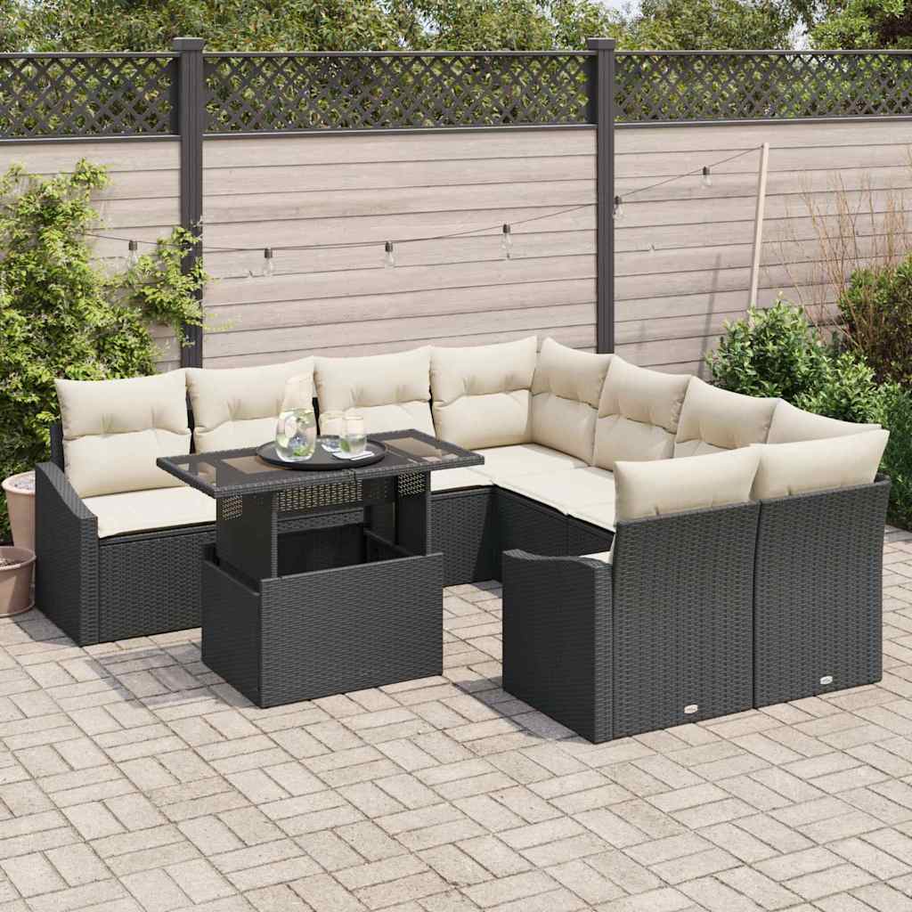 Garten-Sofa-Set 9 pcs Schwarz und Creme 100 x 55 x 73 cm