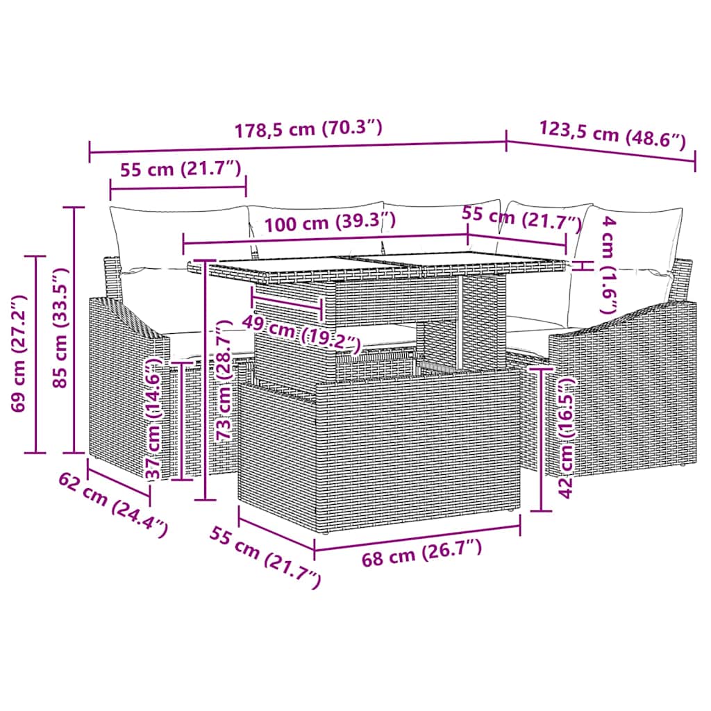 Garten-Sofa-Set mit Kissen 5 pcs Grau 100 x 55 x 73 cm