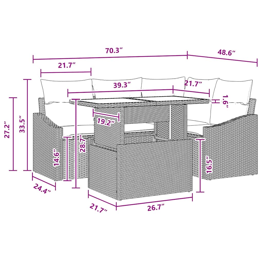 Garten-Sofa-Set 6 pcs Schwarz und Creme 100 x 55 x 73 cm