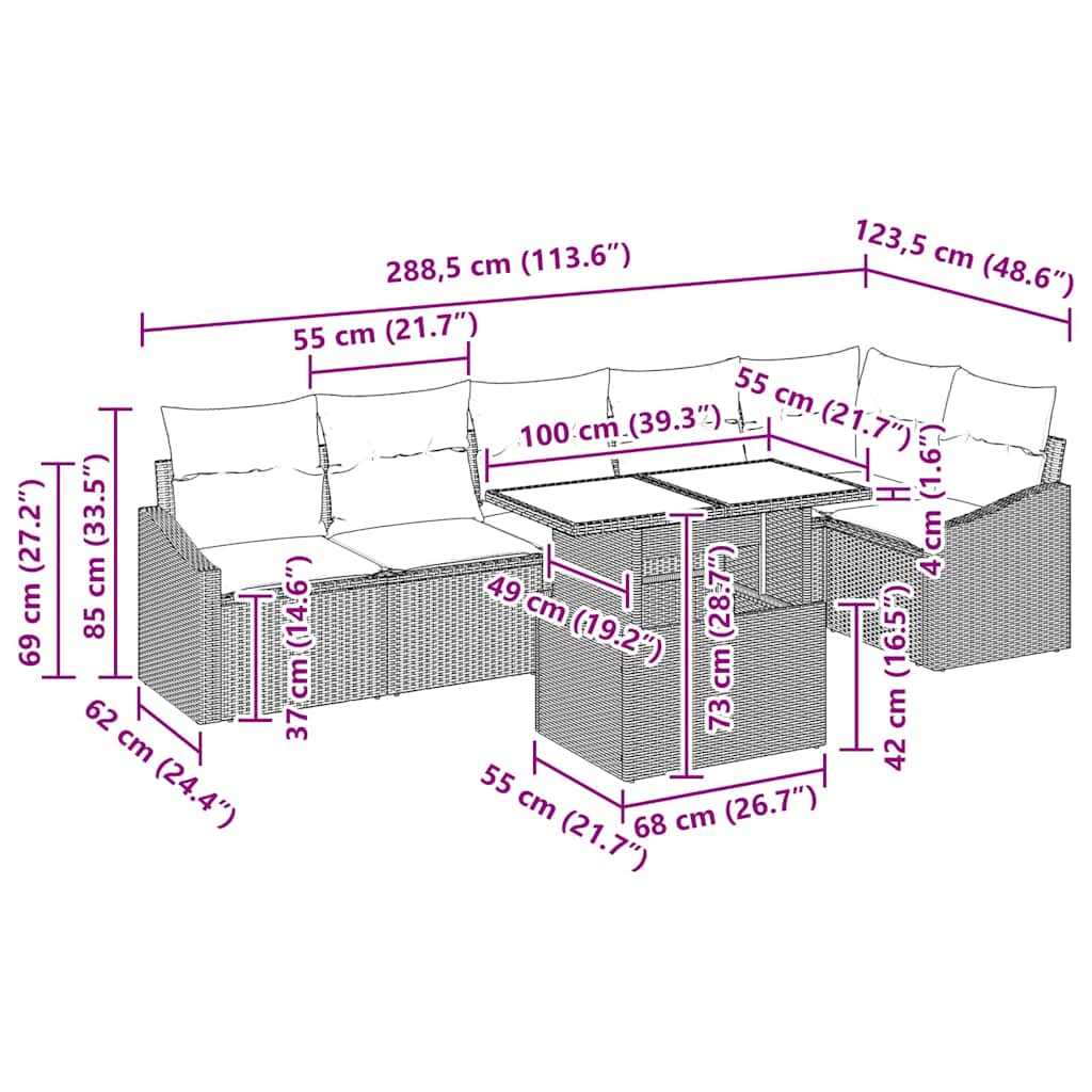 Garten-Sofa-Set 7 pcs Schwarz und Creme 100 x 55 x 73 cm