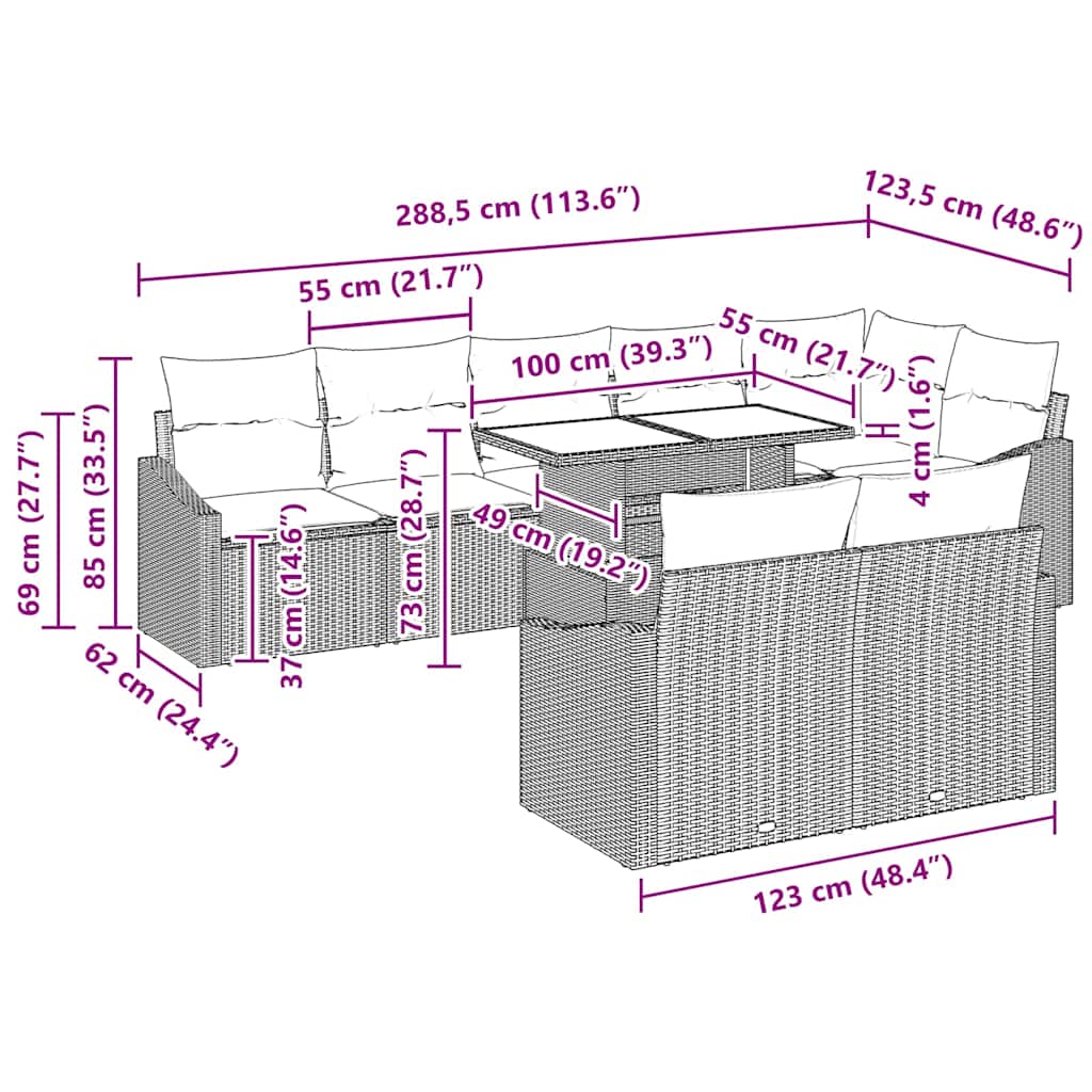 Garten-Sofa-Set mit Kissen 9 pcs Grau