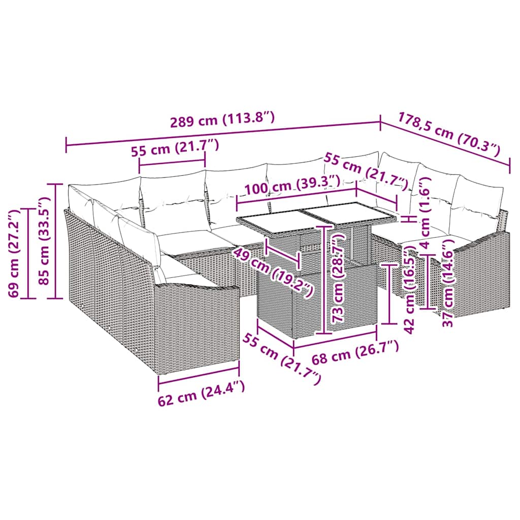 Garten-Sofa-Set mit Kissen 10 pcs Grau 100 x 55 x 73 cm