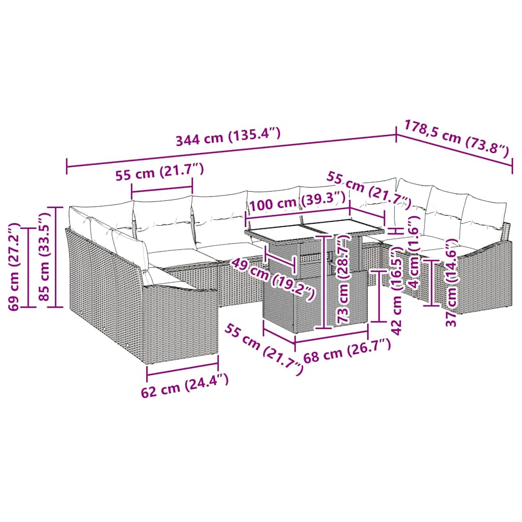 Garten-Sofa-Set mit Kissen 11 pcs Grau 100 x 55 x 73 cm