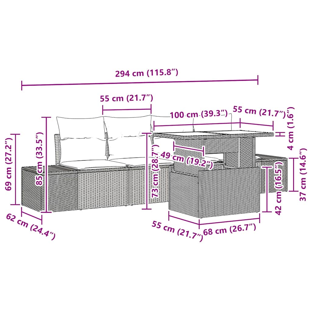 Garten-Sofa-Set mit Kissen 5 pcs Hellgrau 100 x 55 x 73 cm