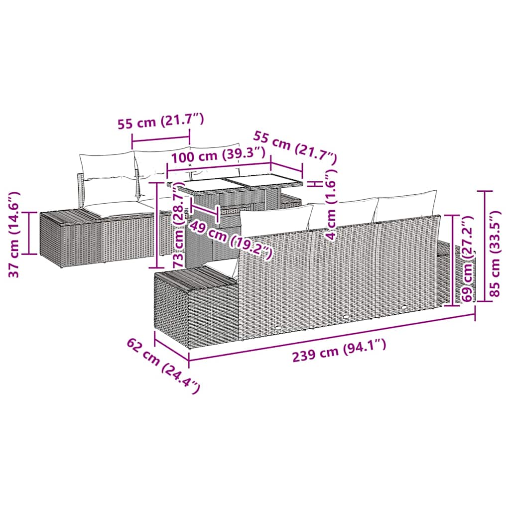 Garten-Sofa-Set mit Kissen 7 pcs Schwarz 100 x 55 x 73 cm