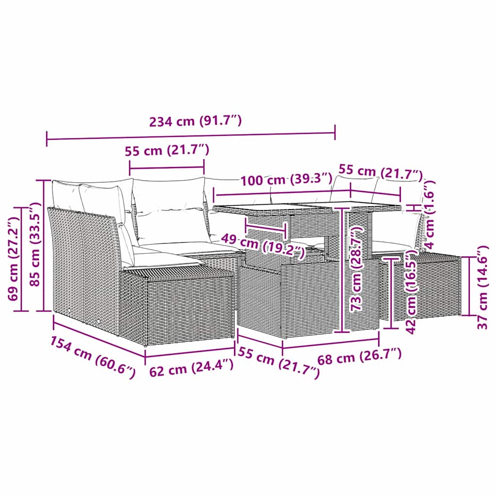 Garten-Sofa-Set mit Kissen 7 pcs Schwarz 100 x 55 x 73 cm