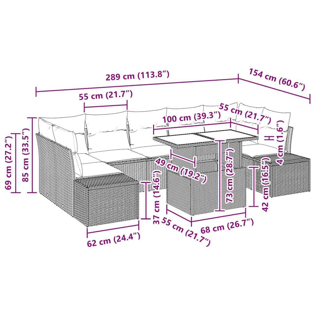 Garten-Sofa-Set mit Kissen 8 pcs Schwarz 100 x 55 x 73 cm
