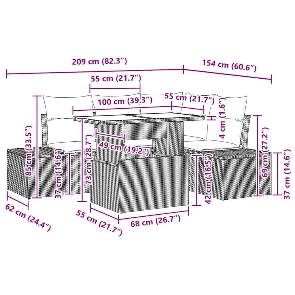 Garten-Sofa-Set mit Kissen 5 pcs Schwarz 100 x 55 x 73 cm