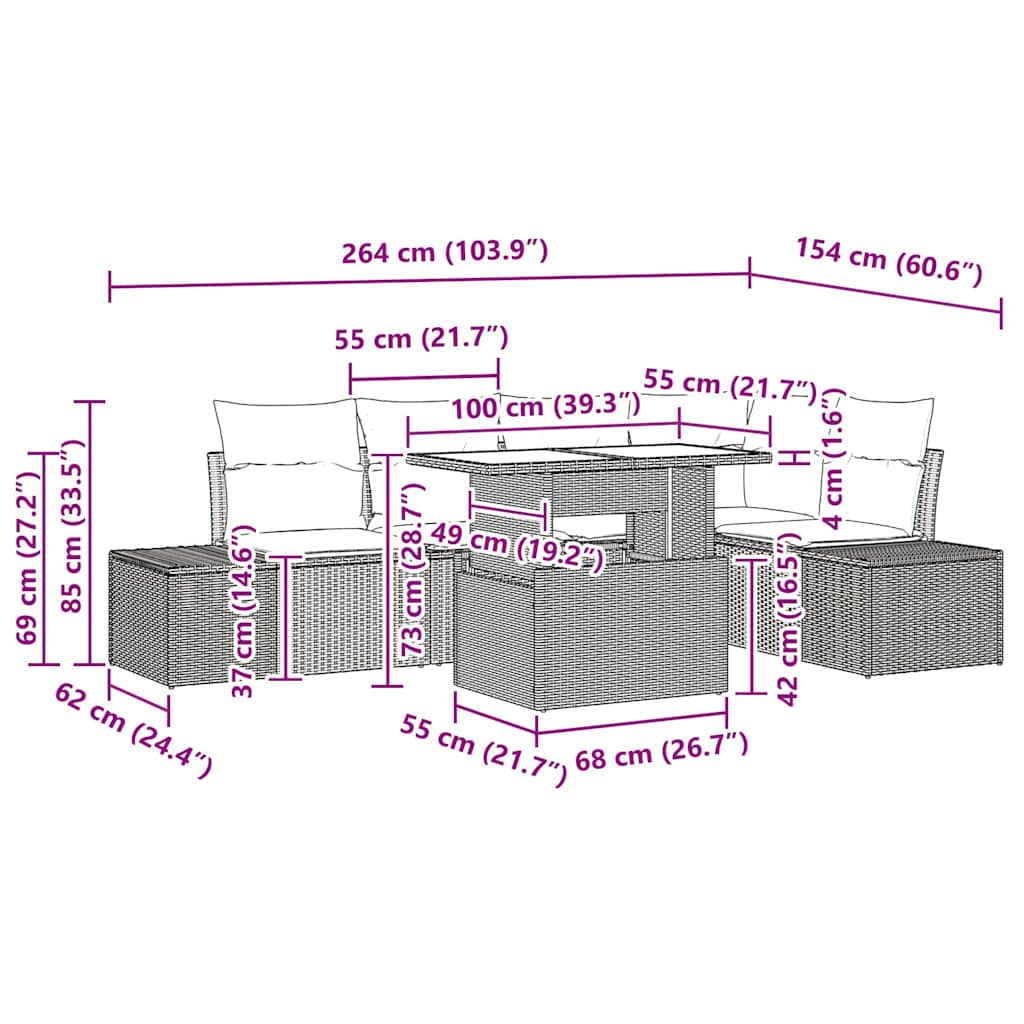 Garten-Sofa-Set mit Kissen 6 pcs Braun Poly Rattan