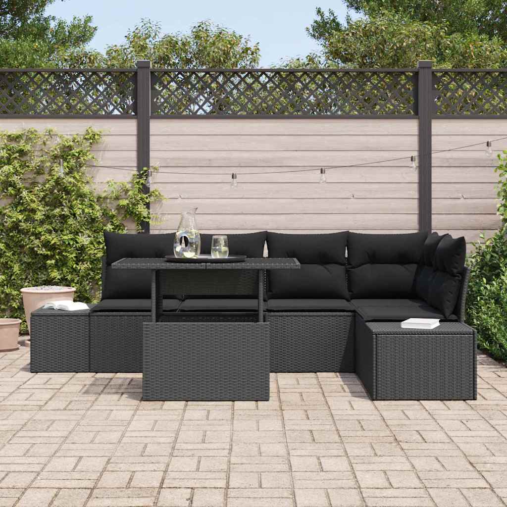 Garten-Sofa-Set mit Kissen 6 pcs Schwarz Poly Rattan