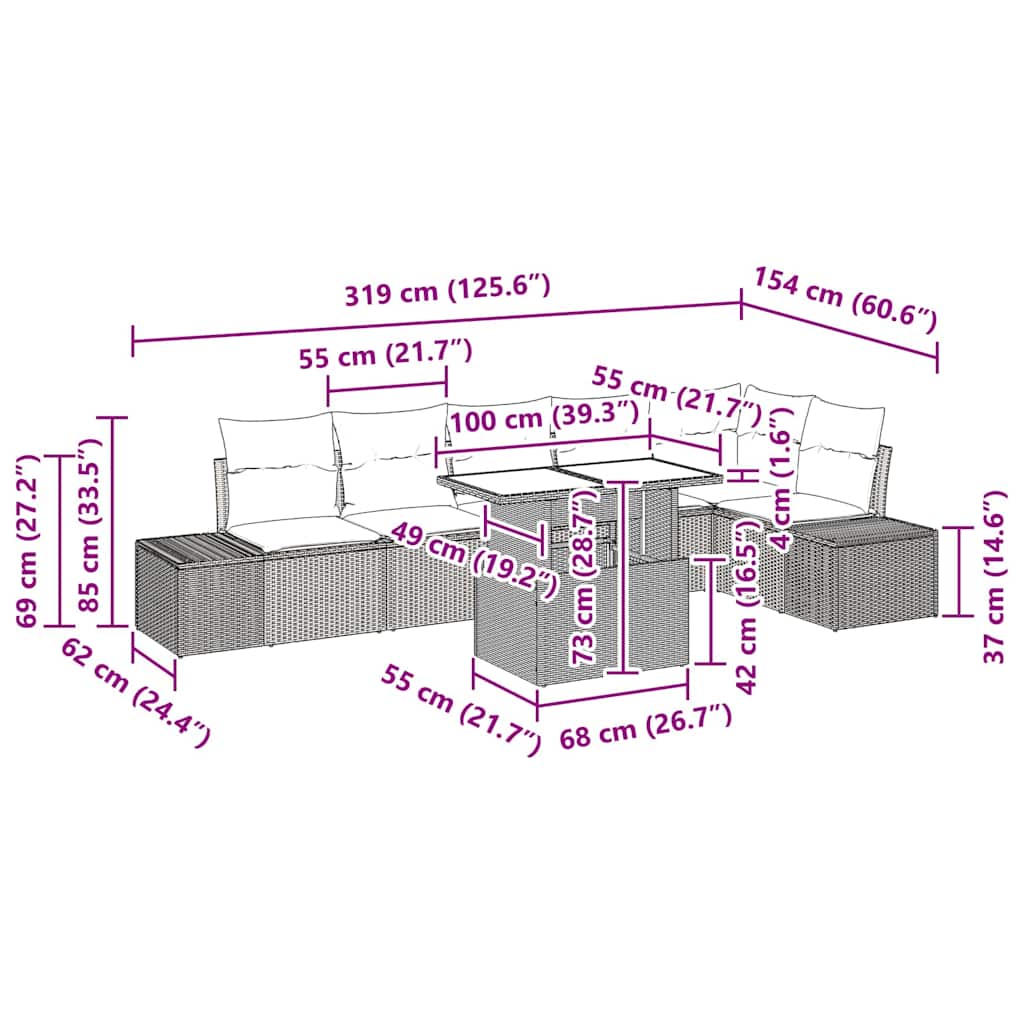 Garten-Sofa-Set mit Kissen 7 pcs Schwarz 100 x 55 x 73 cm