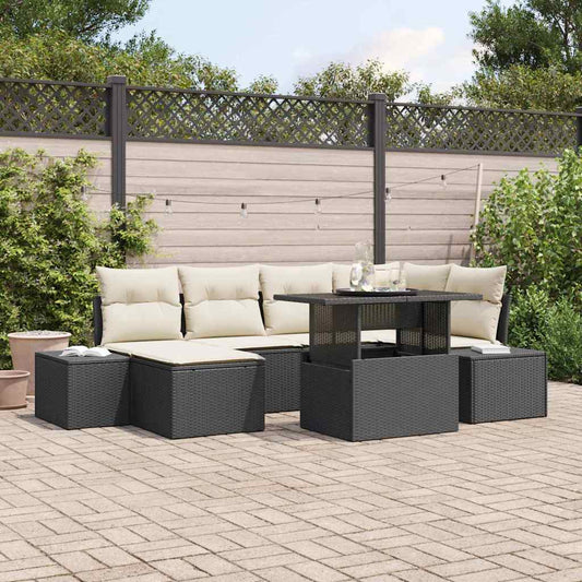 Garten-Sofa-Set mit Kissen 7 pcs Schwarz und Creme
