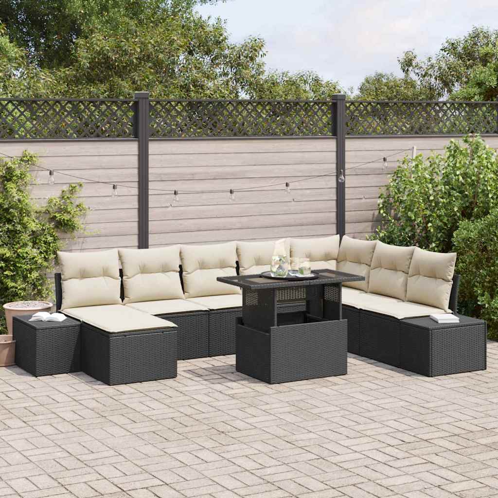 Garten-Sofa-Set mit Kissen 9 pcs Schwarz und Creme