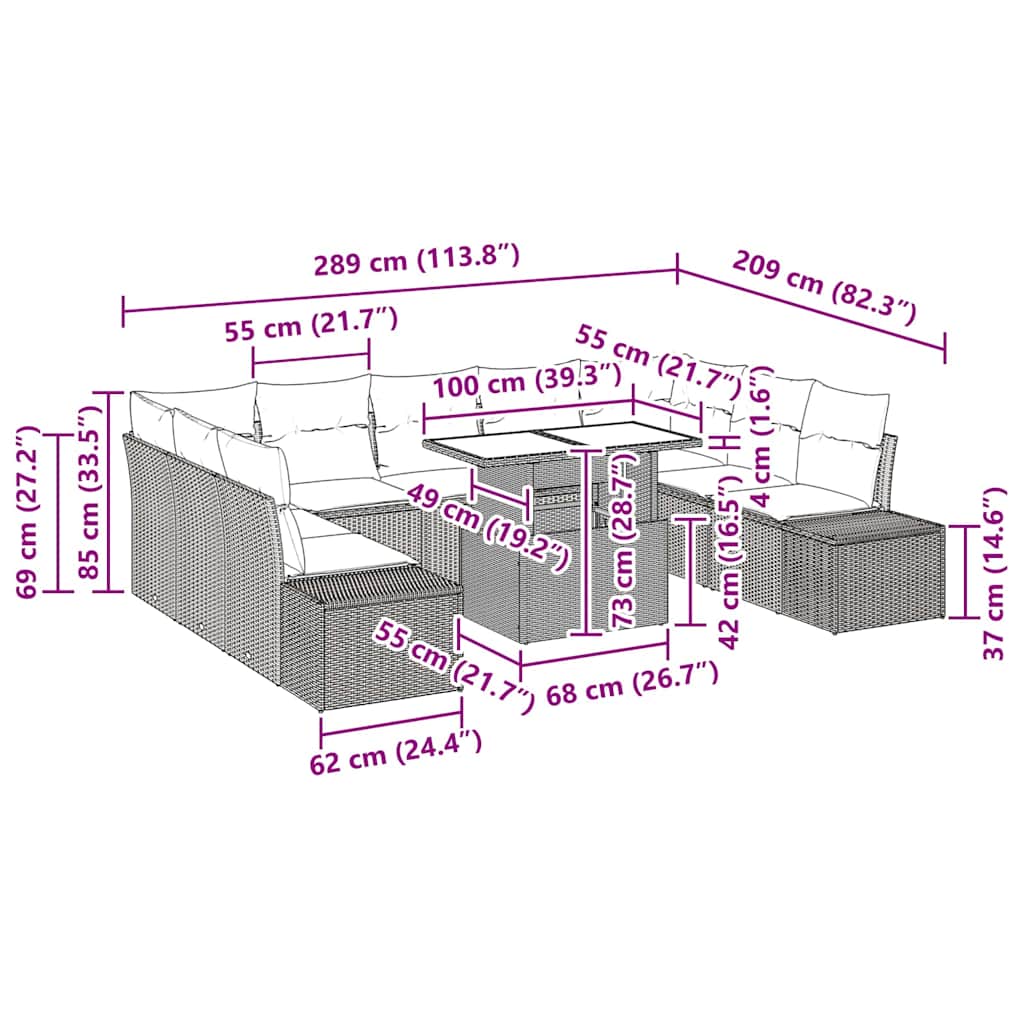 Garten-Sofa-Set mit Kissen 10 pcs Grau 100 x 55 x 73 cm