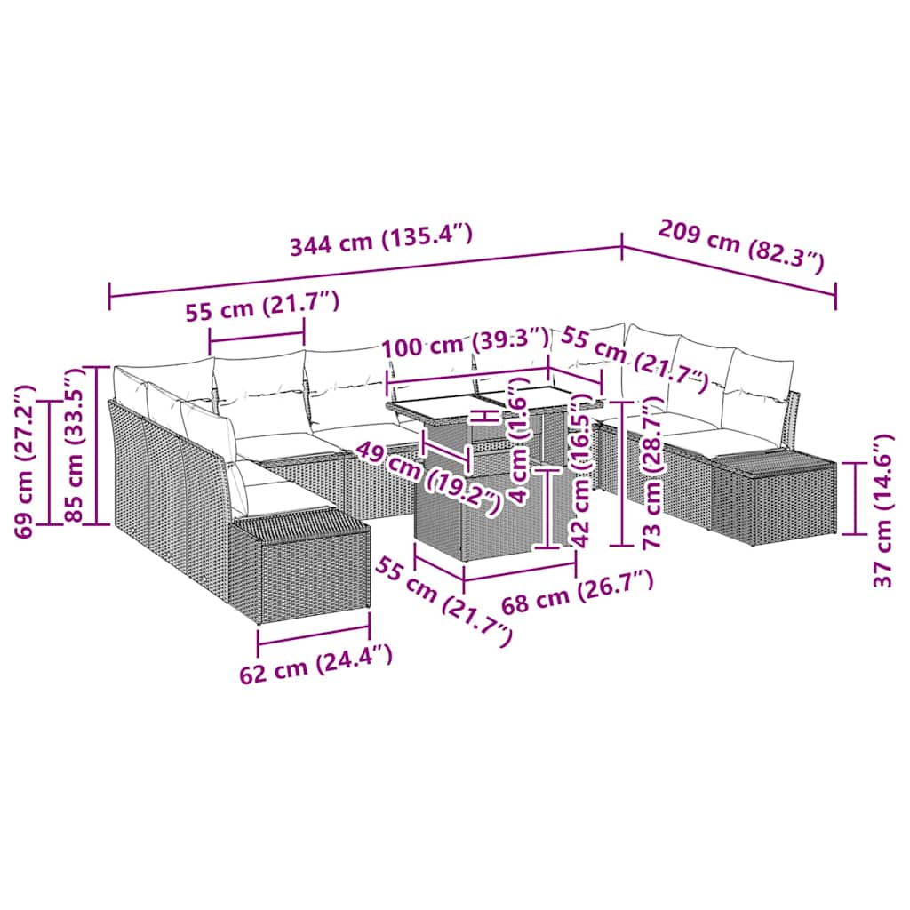 Garten-Sofa-Set mit Kissen 11 pcs Schwarz 100 x 55 x 73 cm
