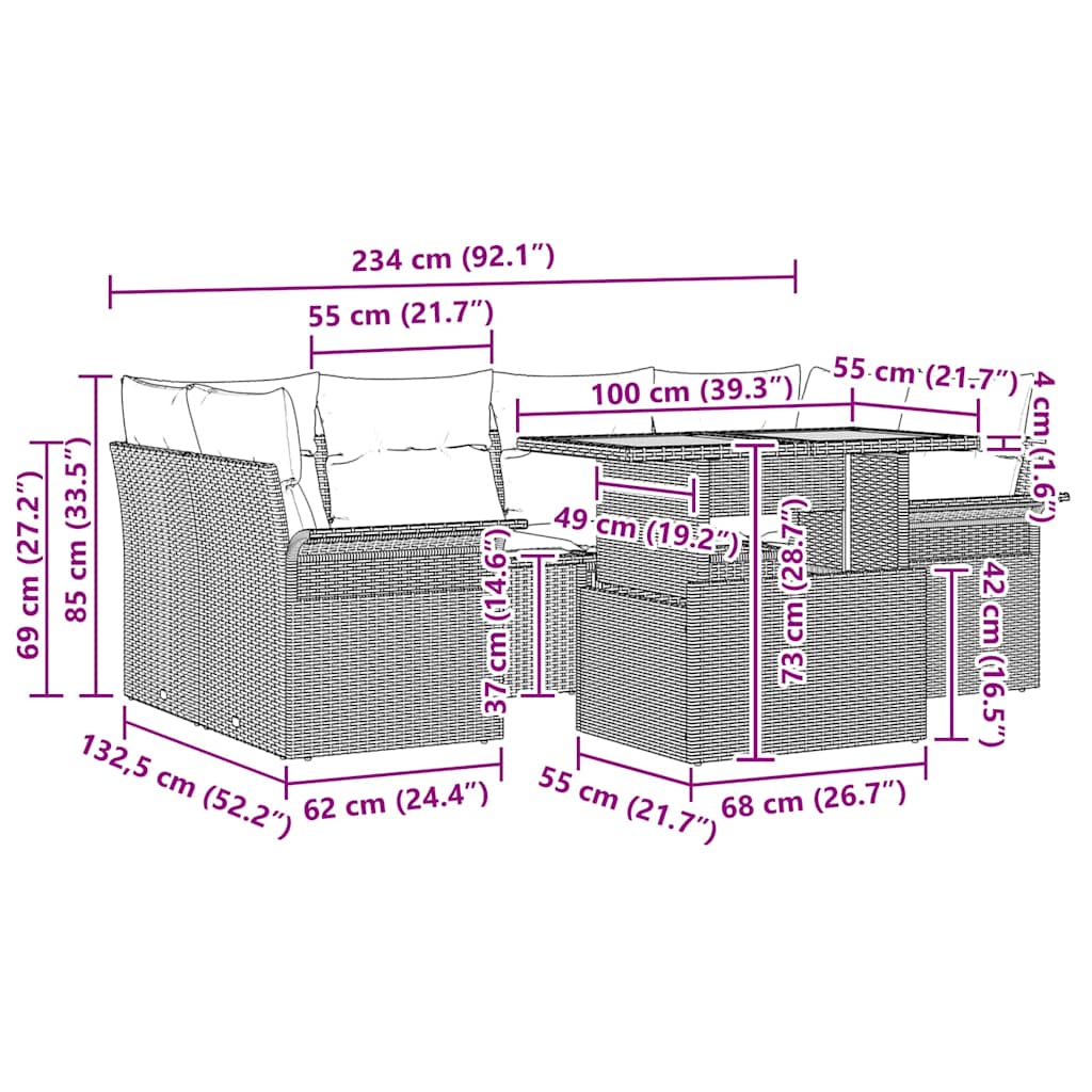 Garten-Sofa-Set 7 pcs Schwarz und Creme 100 x 55 x 73 cm