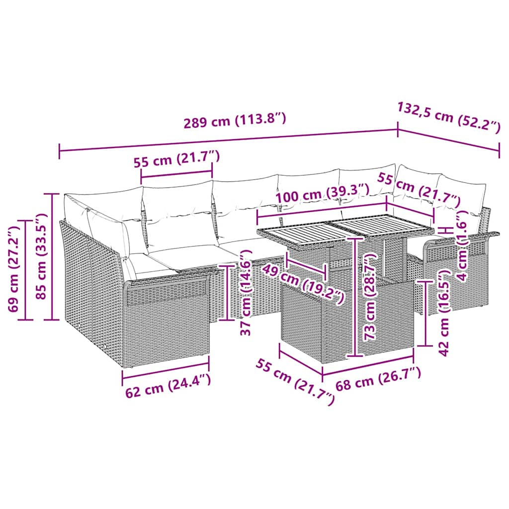 Garten-Sofa-Set 8 pcs Schwarz und Creme 100 x 55 x 73 cm