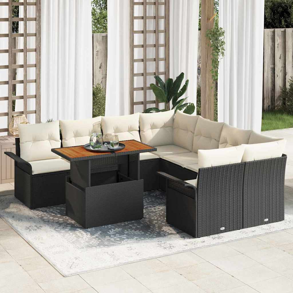 Garten-Sofa-Set mit Kissen 9 pcs Schwarz und Creme