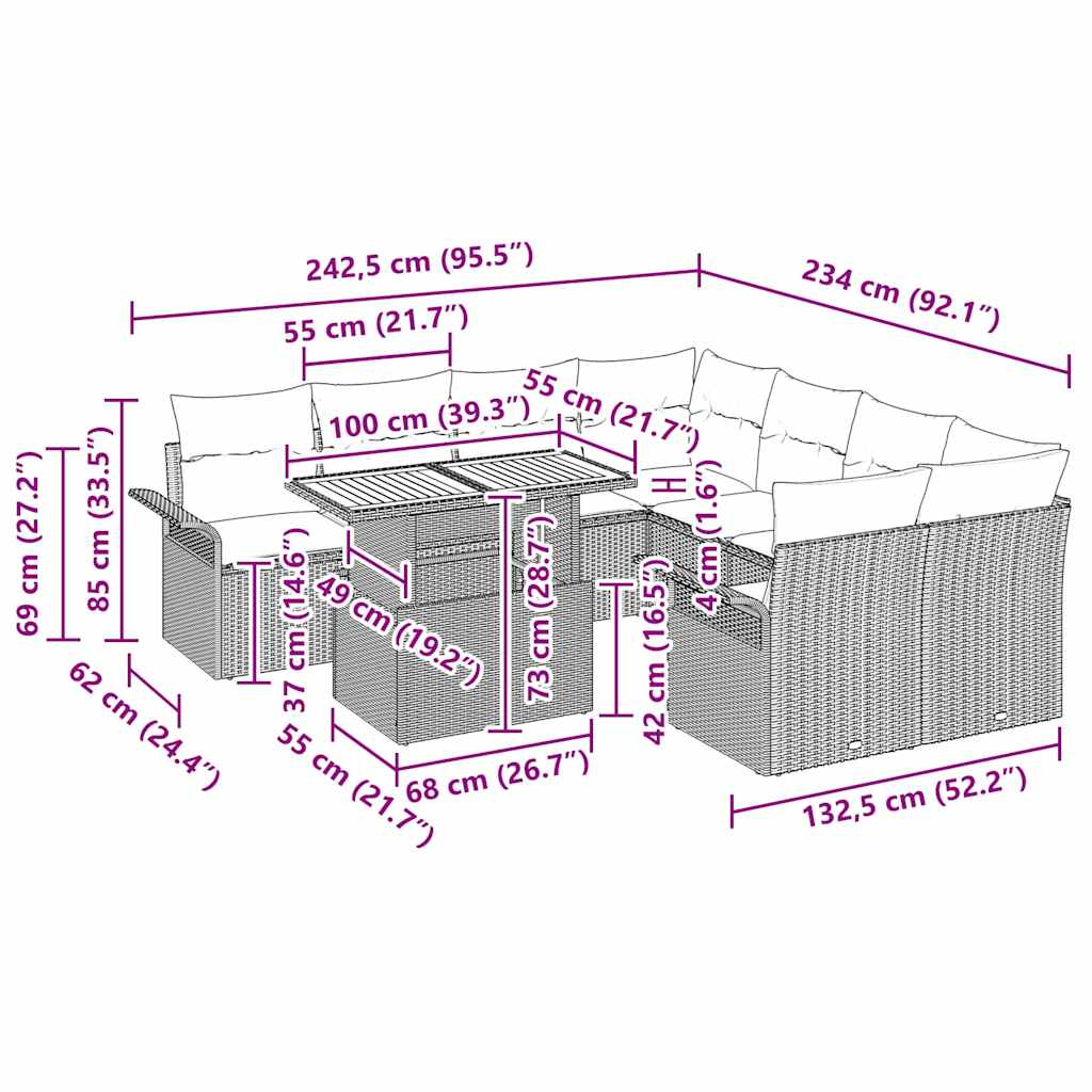 Garten-Sofa-Set mit Kissen 9 pcs Beige und Hellgrau