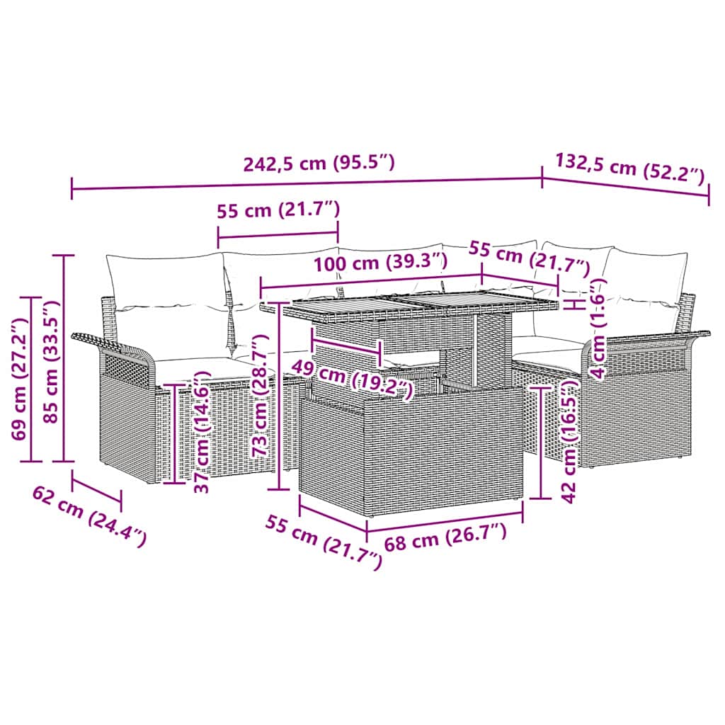 Garten-Sofa-Set 6 pcs Schwarz und Creme 100 x 55 x 73 cm