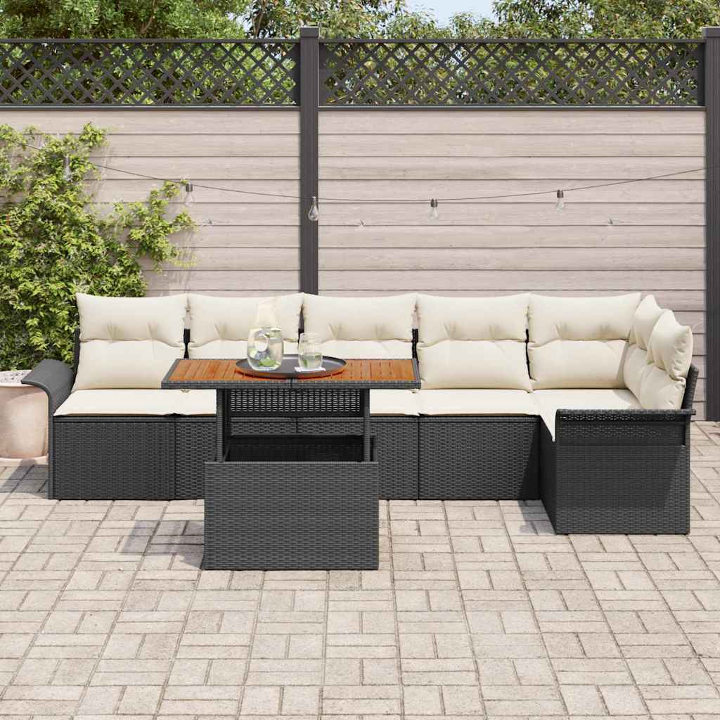 Garten-Sofa-Set 7 pcs Schwarz und Creme 100 x 55 x 73 cm