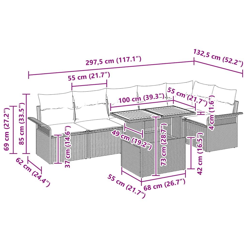 Garten-Sofa-Set 7 pcs Schwarz und Creme 100 x 55 x 73 cm