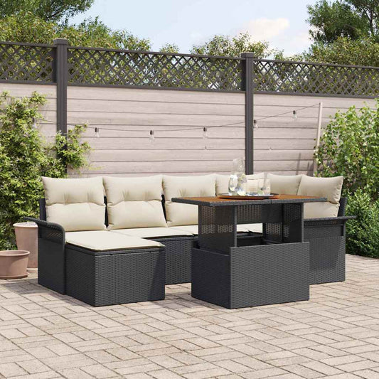 Garten-Sofa-Set mit Kissen 7 pcs Schwarz und Creme
