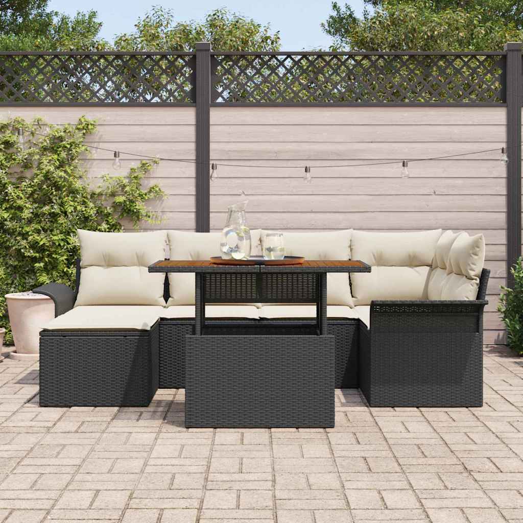 Garten-Sofa-Set mit Kissen 7 pcs Schwarz und Creme