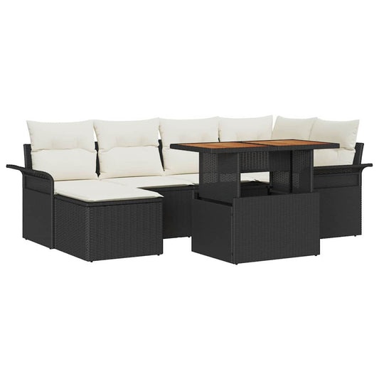 Garten-Sofa-Set mit Kissen 7 pcs Schwarz und Creme