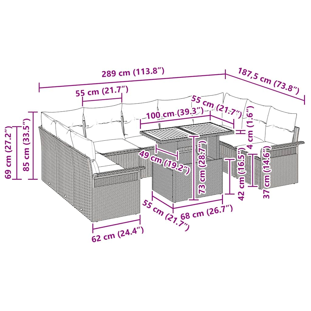 Garten-Sofa-Set 10 pcs Schwarz und Creme 100 x 55 x 73 cm