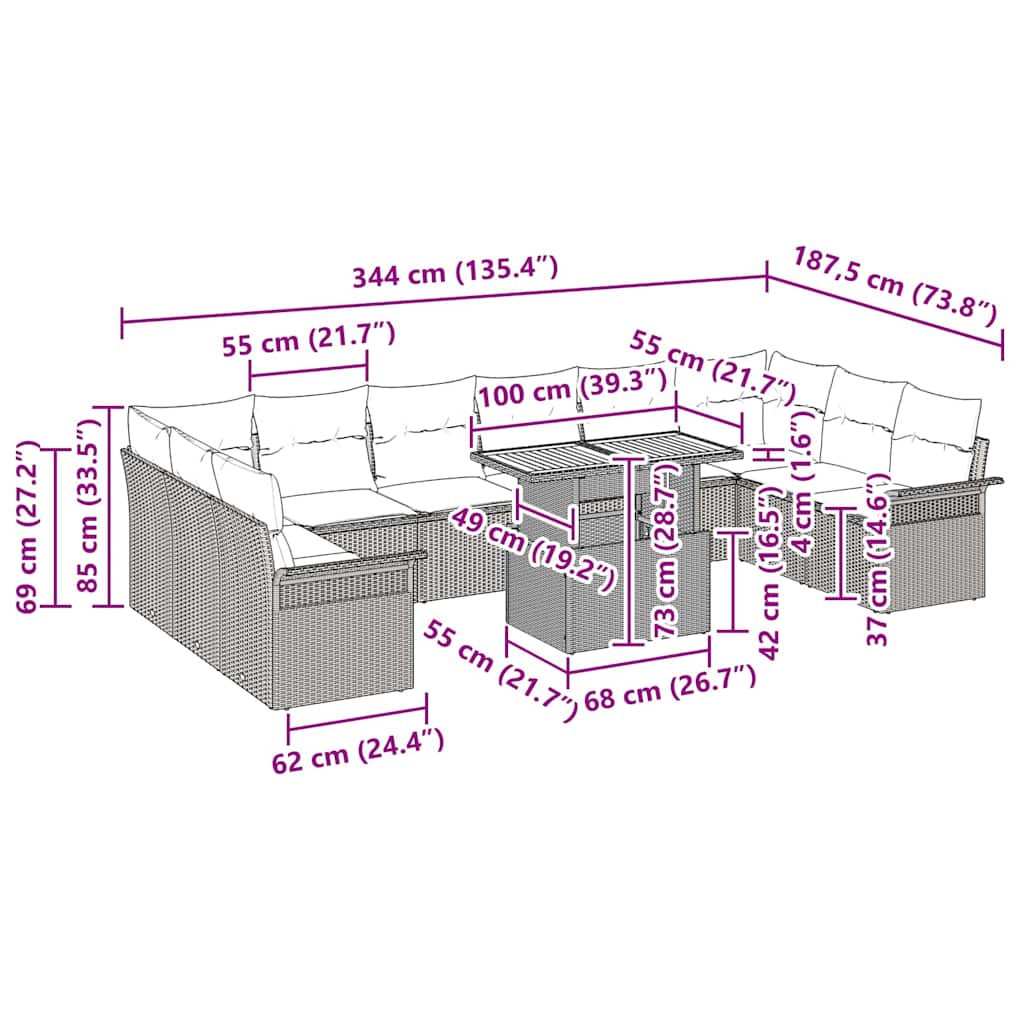Garten-Sofa-Set 11 pcs Schwarz und Creme 100 x 55 x 73 cm