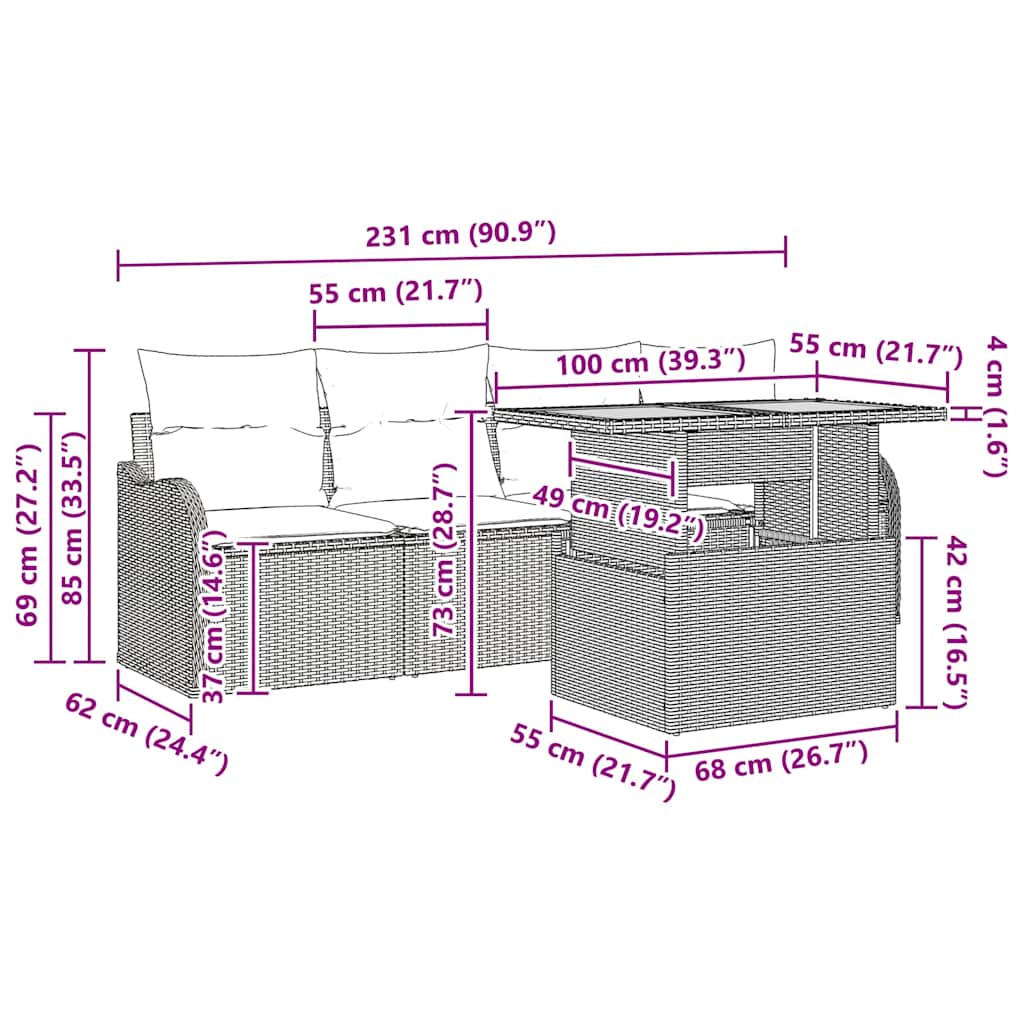 Garten-Sofa-Set 5 pcs Schwarz und Creme 100 x 55 x 73 cm