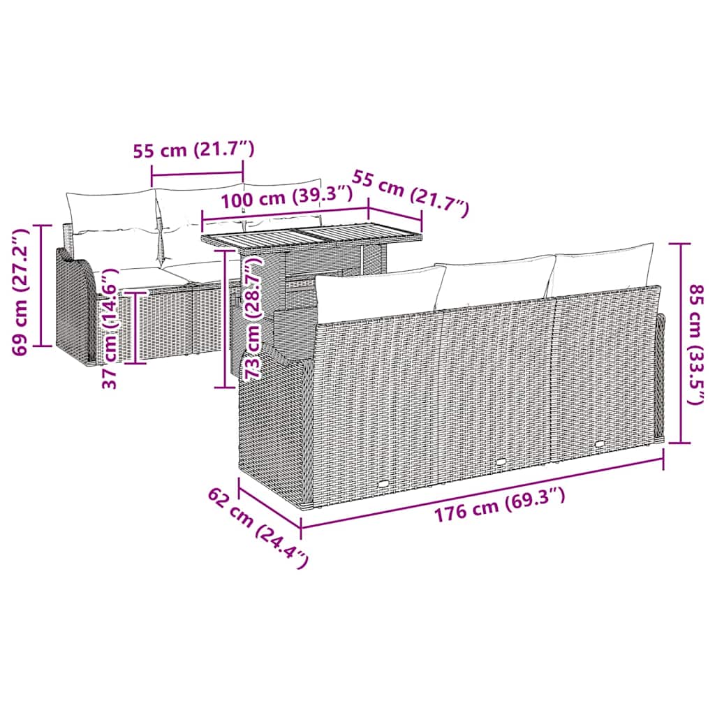 Garten-Sofa-Set mit Kissen 7 pcs Grau 100 x 55 x 73 cm