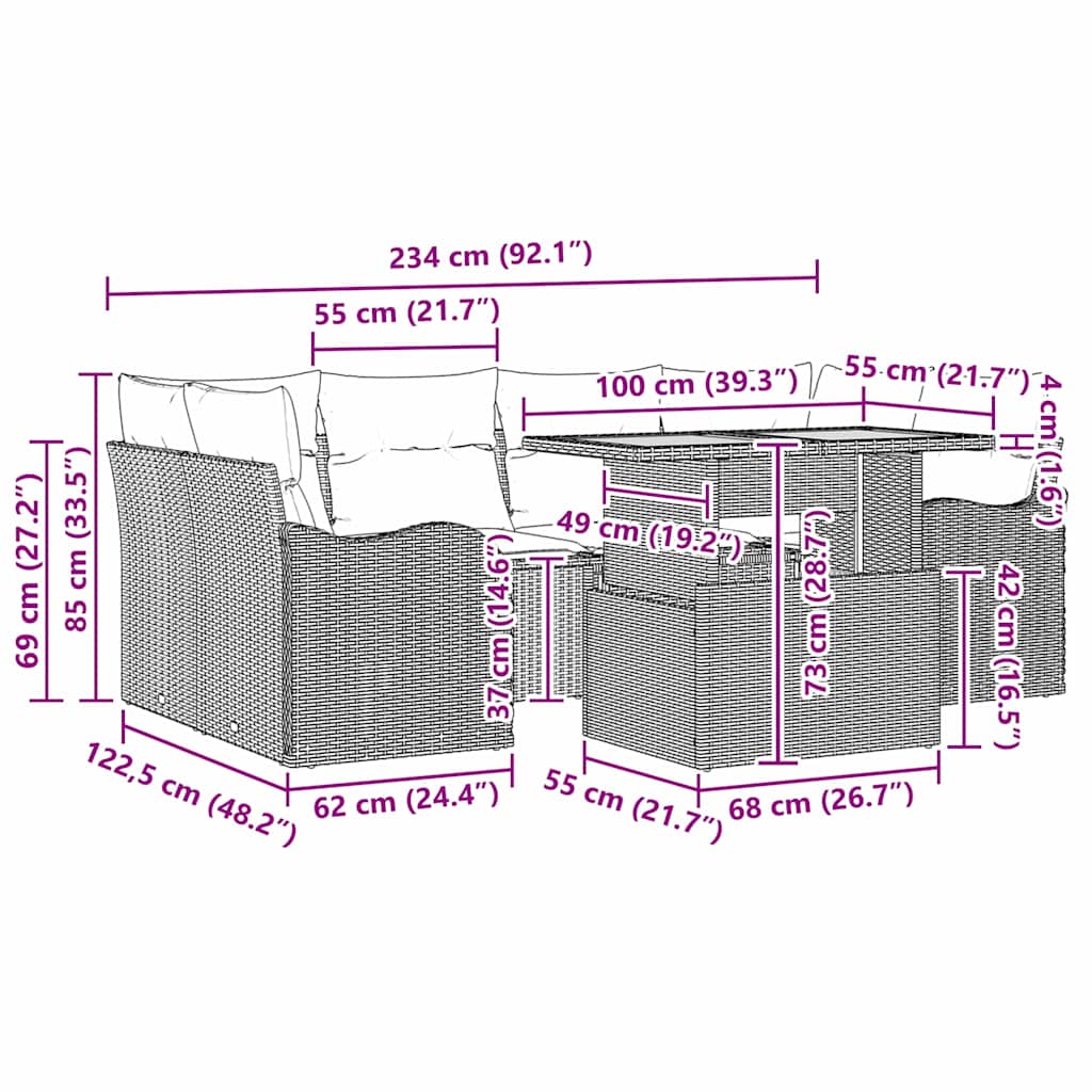 Garten-Sofa-Set mit Kissen 7 pcs Schwarz 100 x 55 x 73 cm