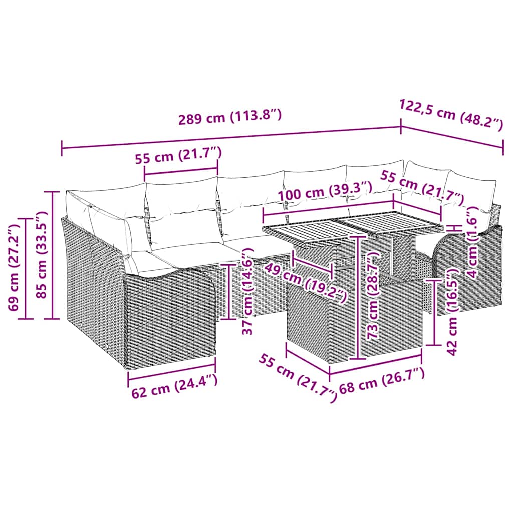 Garten-Sofa-Set 8 pcs Schwarz und Creme 100 x 55 x 73 cm