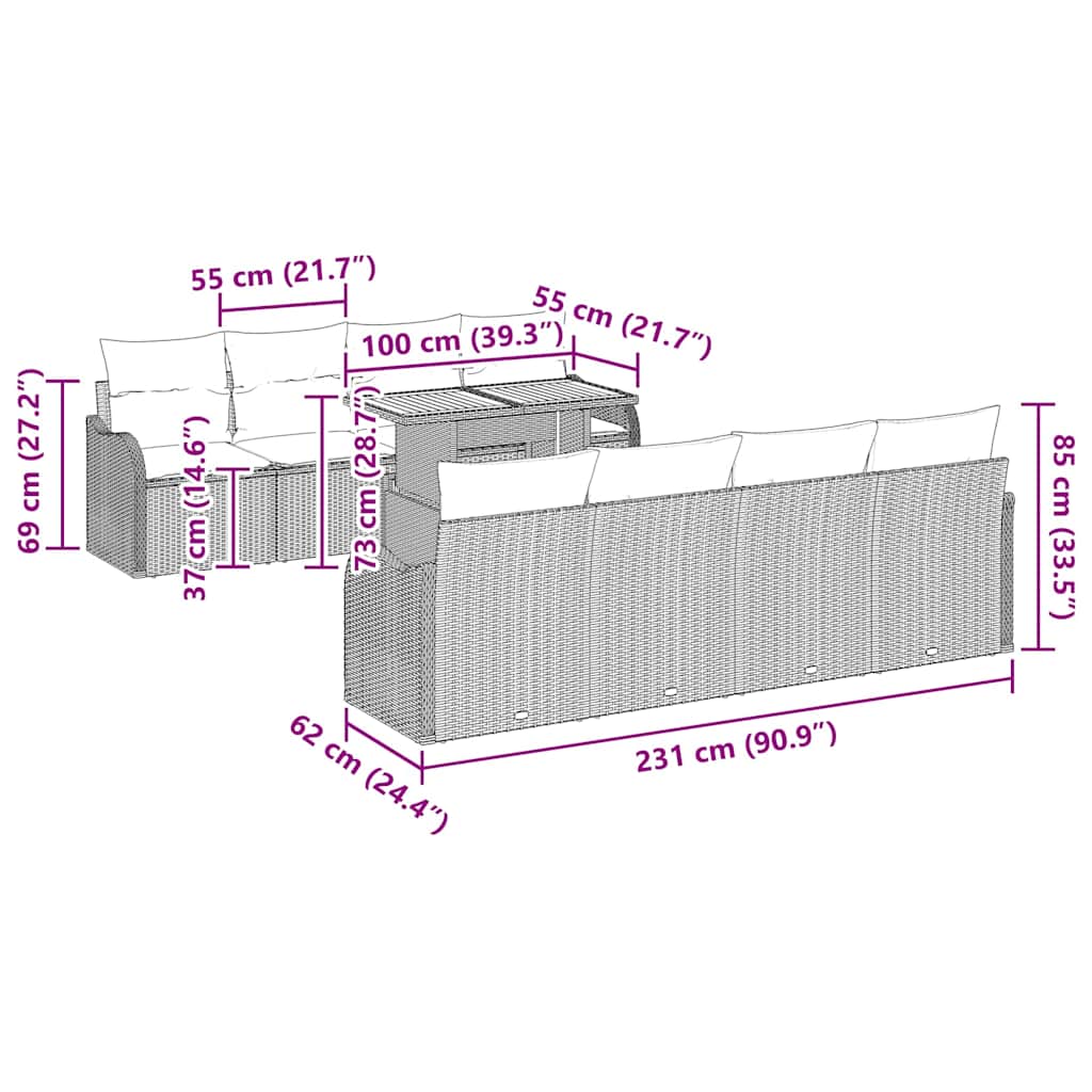 Garten-Sofa-Set mit Kissen 7 pcs Schwarz 100 x 55 x 73 cm