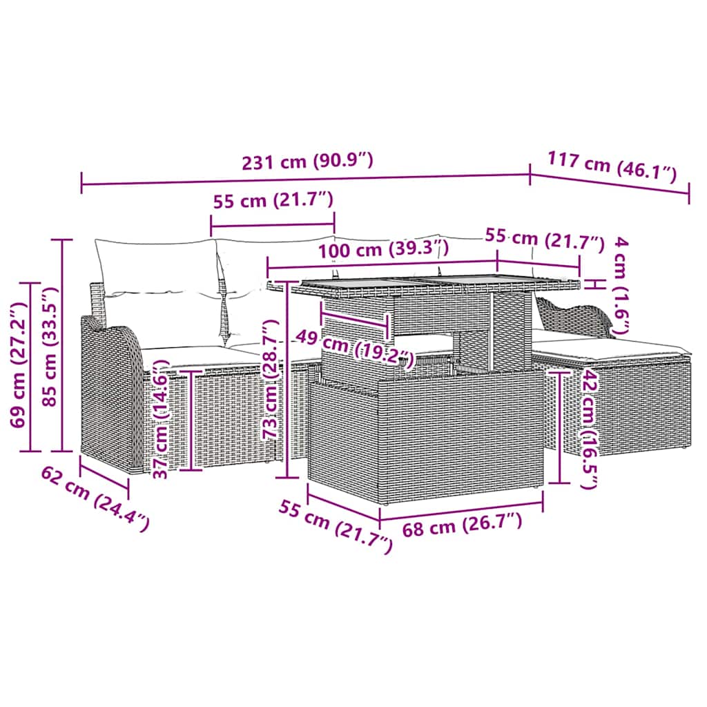 Garten-Sofa-Set mit Kissen 6 pcs Schwarz und Creme