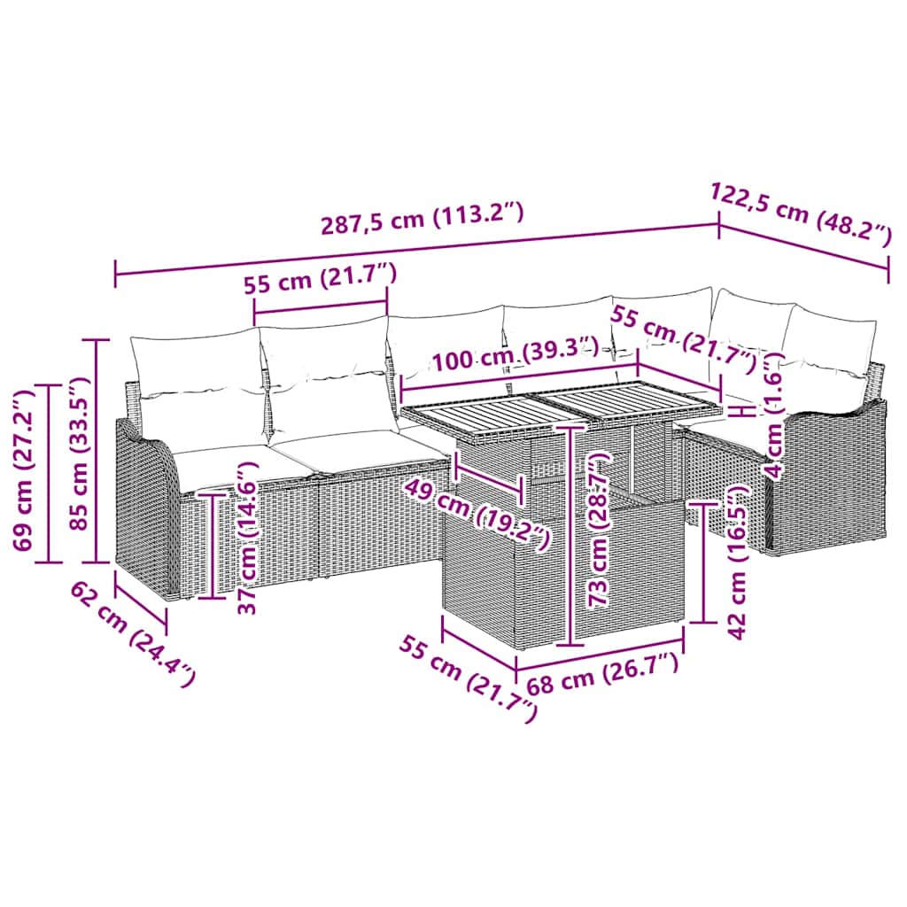 Garten-Sofa-Set mit Kissen Manuell 7 pcs Grau 100 x 55 x 73 cm