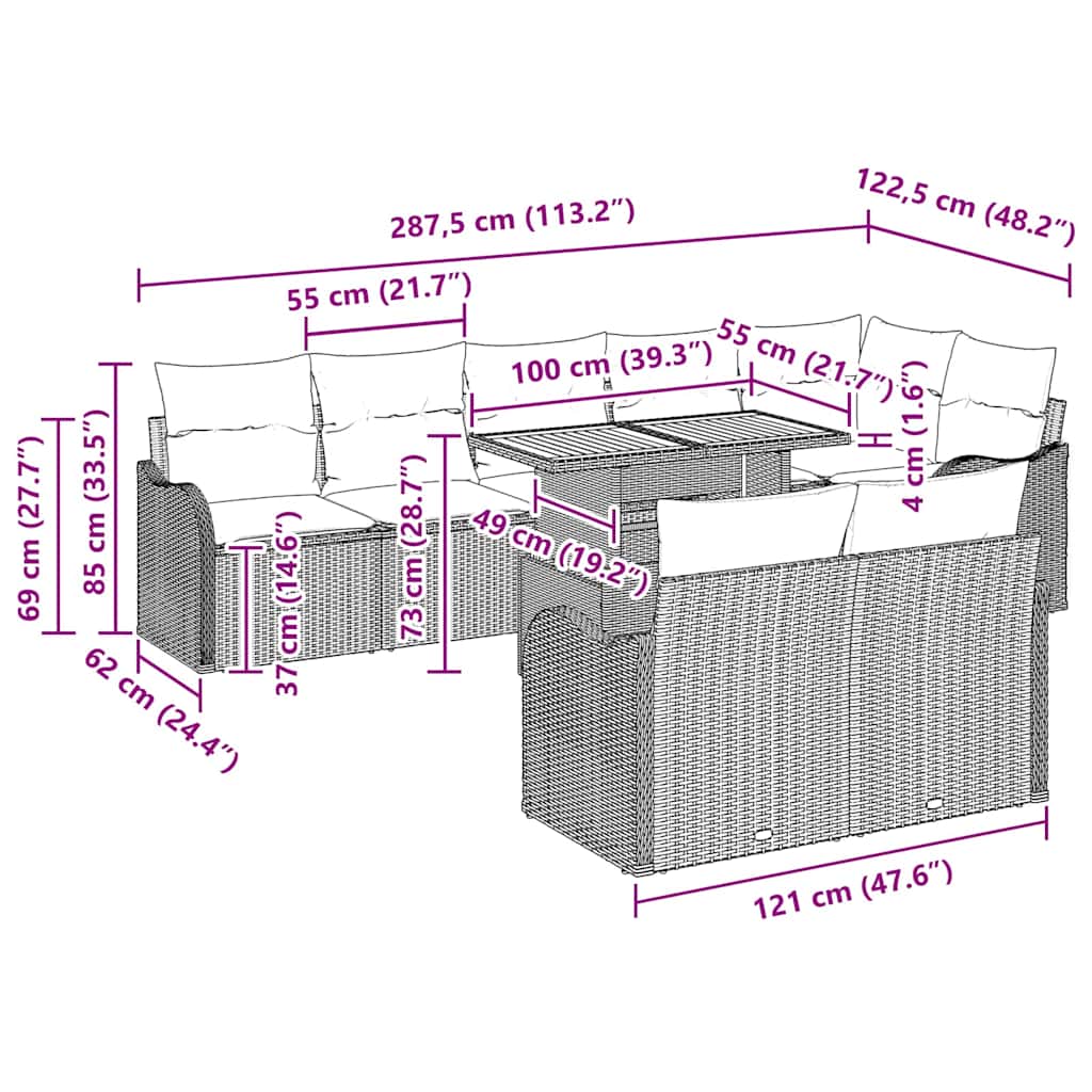 Garten-Sofa-Set mit Kissen 9 pcs Schwarz 100 x 55 x 73 cm