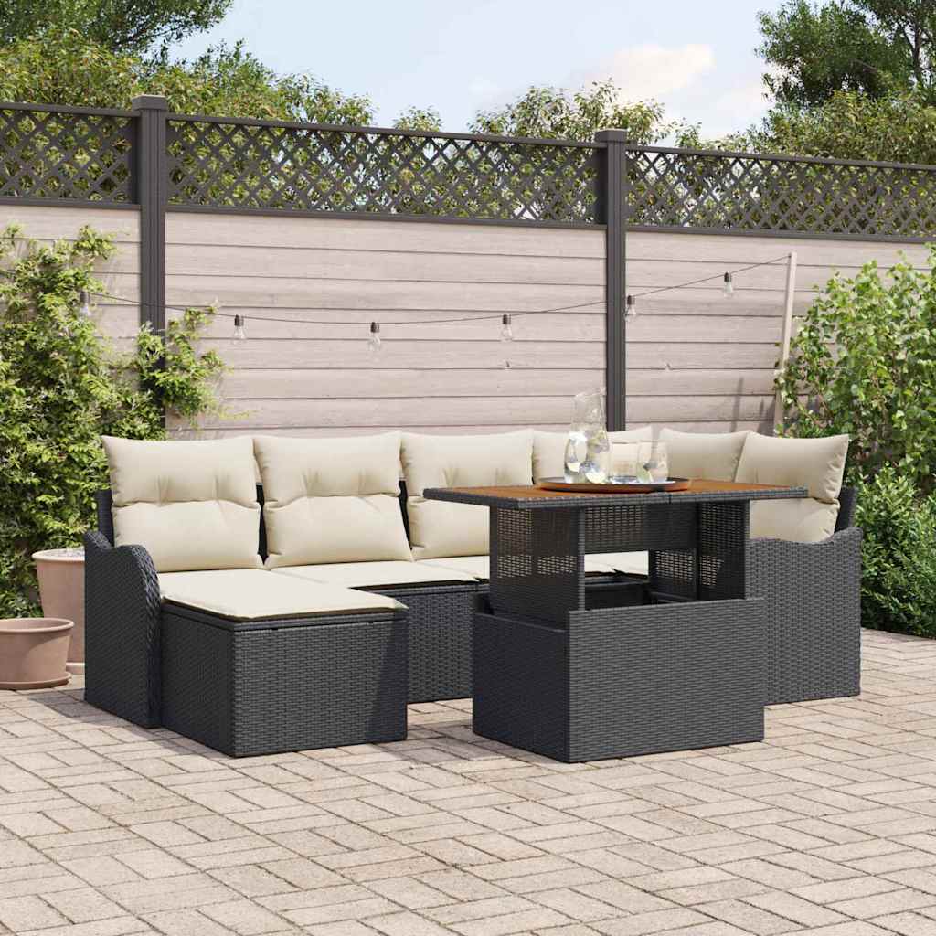 Garten-Sofa-Set mit Kissen 7 pcs Schwarz und Creme