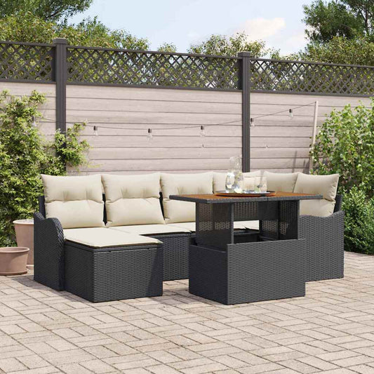 Garten-Sofa-Set mit Kissen 7 pcs Schwarz und Creme