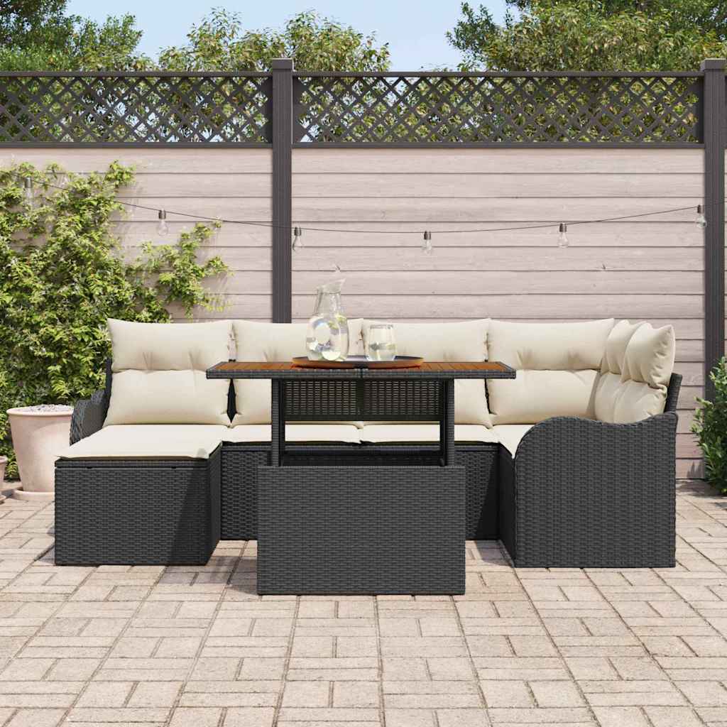Garten-Sofa-Set mit Kissen 7 pcs Schwarz und Creme