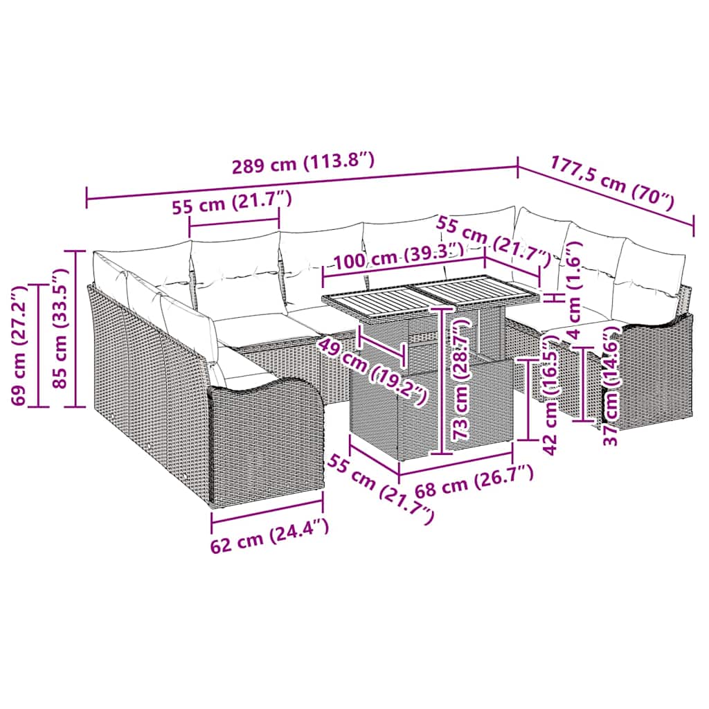 Garten-Sofa-Set mit Kissen 10 pcs Grau 100 x 55 x 73 cm