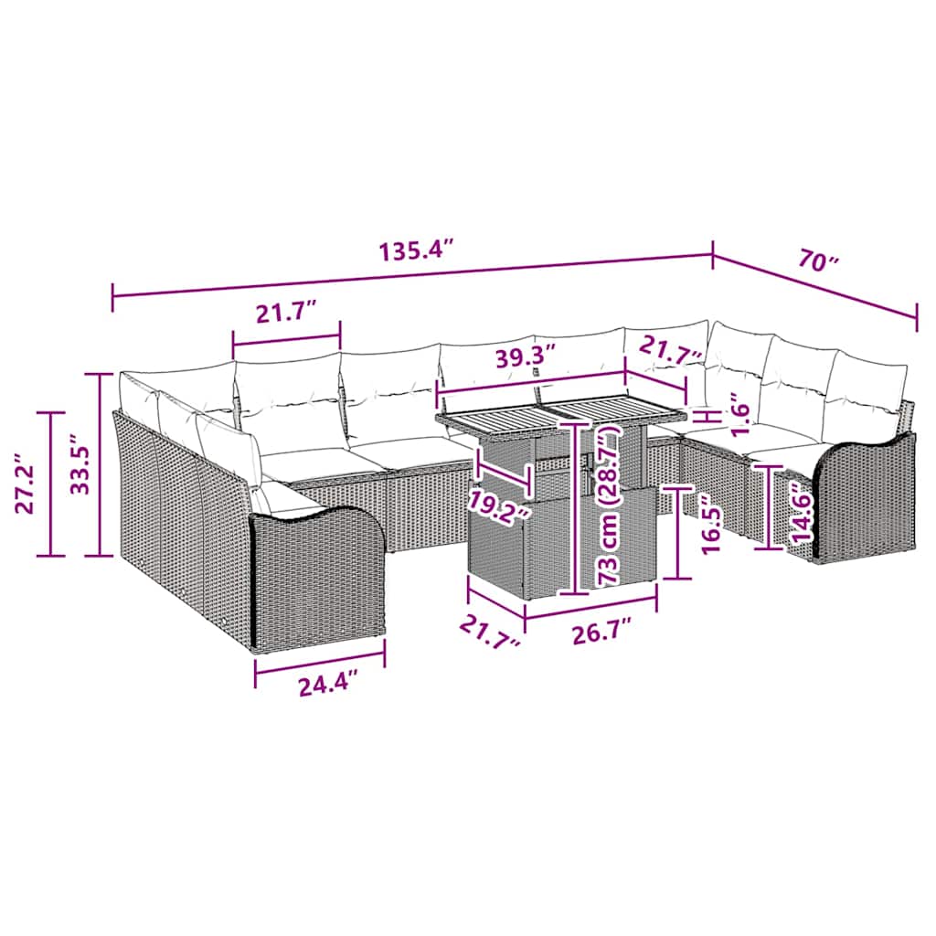Garten-Sofa-Set 11 pcs Schwarz und Creme 100 x 55 x 73 cm